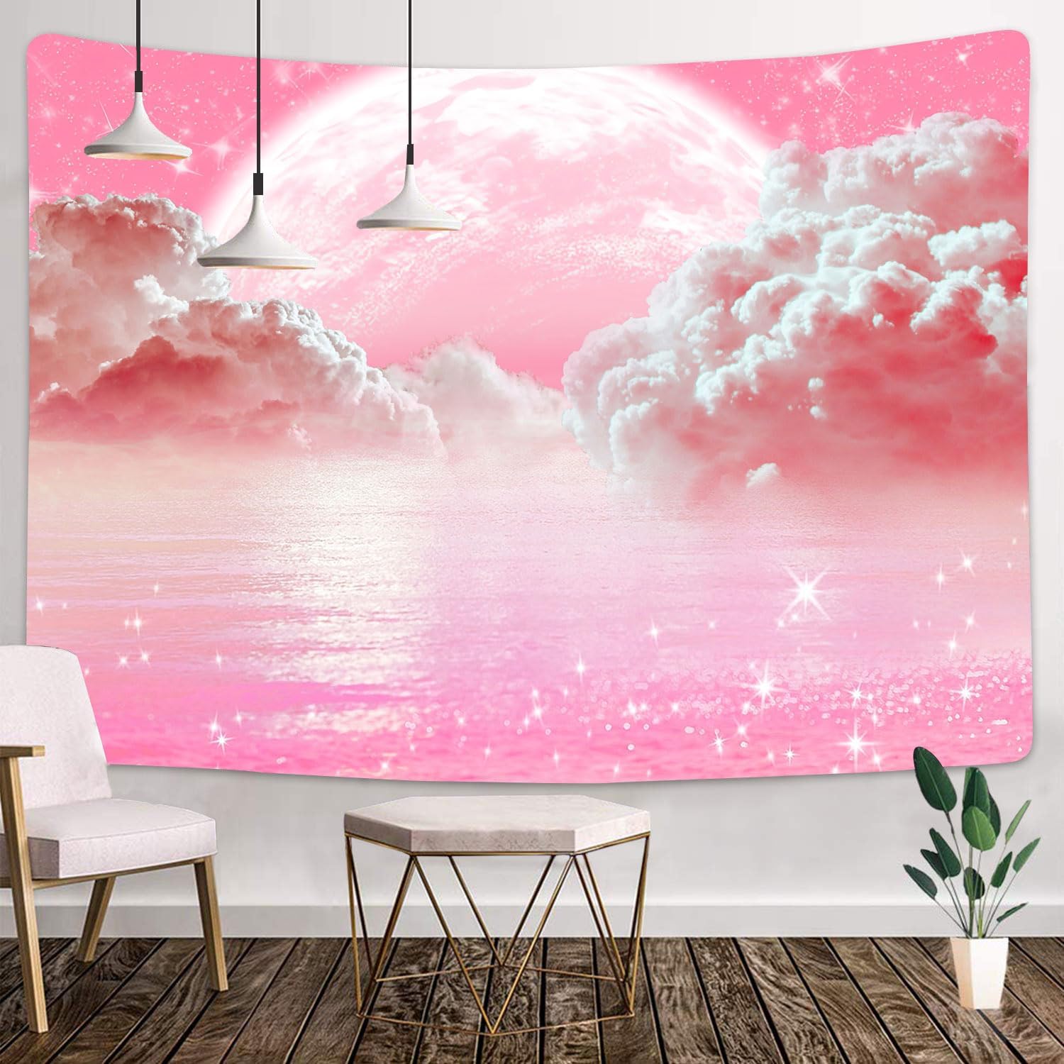 Pink Clouds Sky Tapestry Ocean - Wall Scroll Tapestry ulasan dan harga
